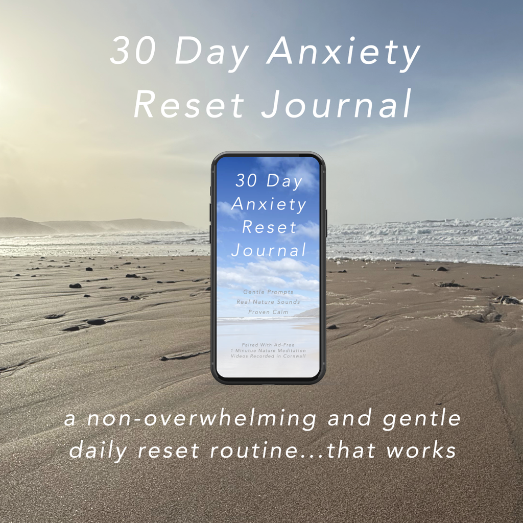 A smartphone centered over a beach scene displays the cover of a '30 Day Anxiety Reset Journal.' Large white text above and below reads '30 Day Anxiety Reset Journal' and a tagline about a gentle daily reset routine.