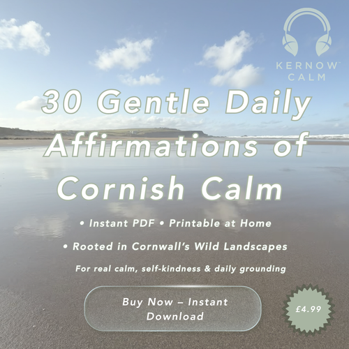 Advertisement for '30 Gentle Daily Affirmations of Cornish Calm' with a scenic background.