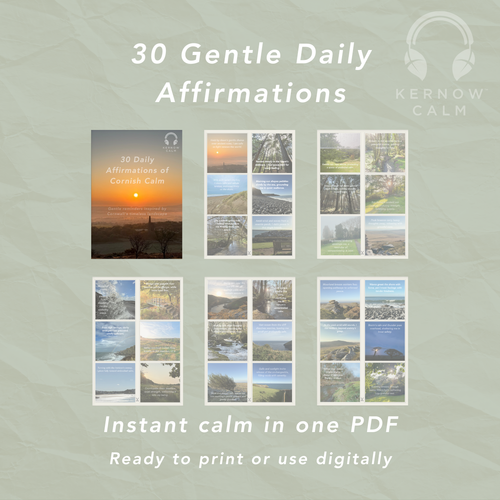 Promotional graphic for '30 Gentle Daily Affirmations' by Kernow Calm with scenic images and text on a light gray background.