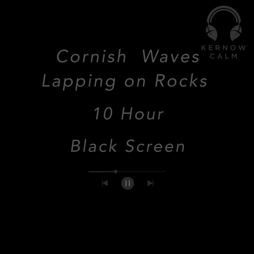 Black screen with white text reading 'Cornish Waves Lapping on Rocks 10 Hour Black Screen' and a small 'Kernow Calm' headphone logo in the top right.
