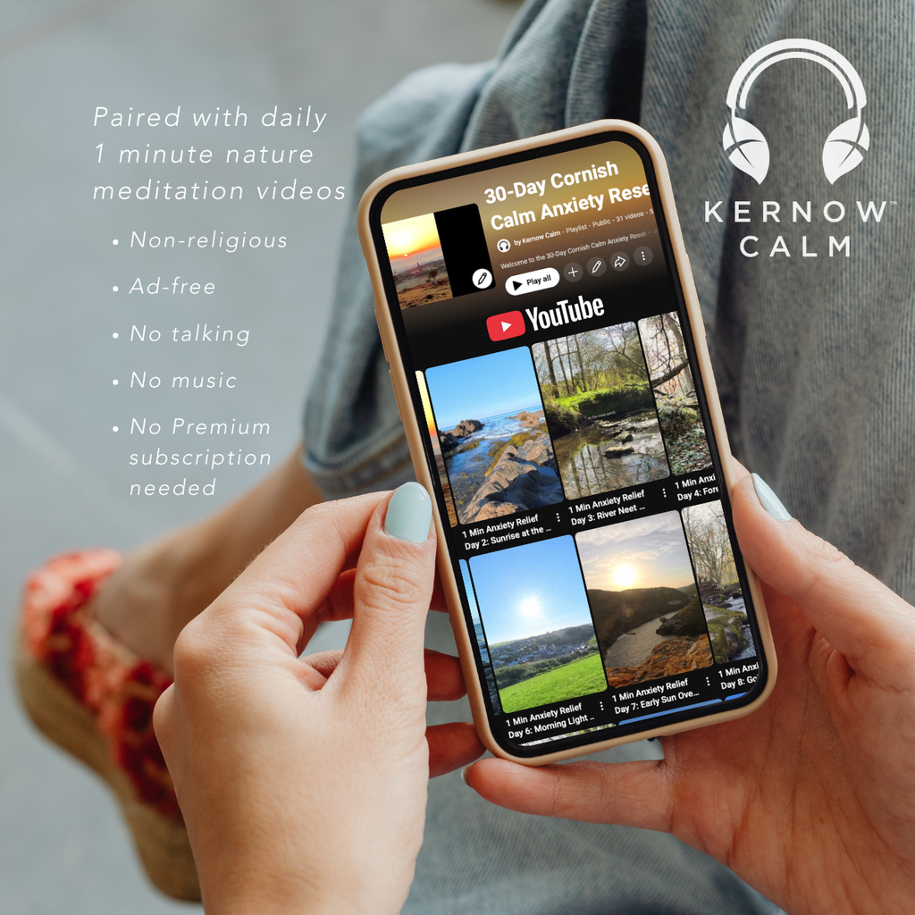30-Day Anxiety Reset Journal shown on phone screen – paired with 30 daily soothing Cornish nature 1 minute meditation videos for mindset reset