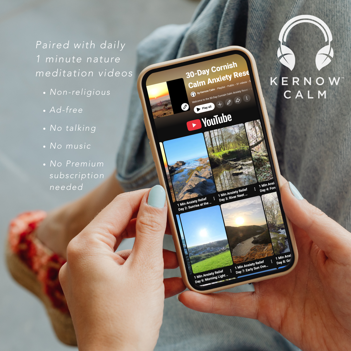 30-Day Anxiety Reset Journal shown on phone screen – paired with 30 daily soothing Cornish nature 1 minute meditation videos for mindset reset