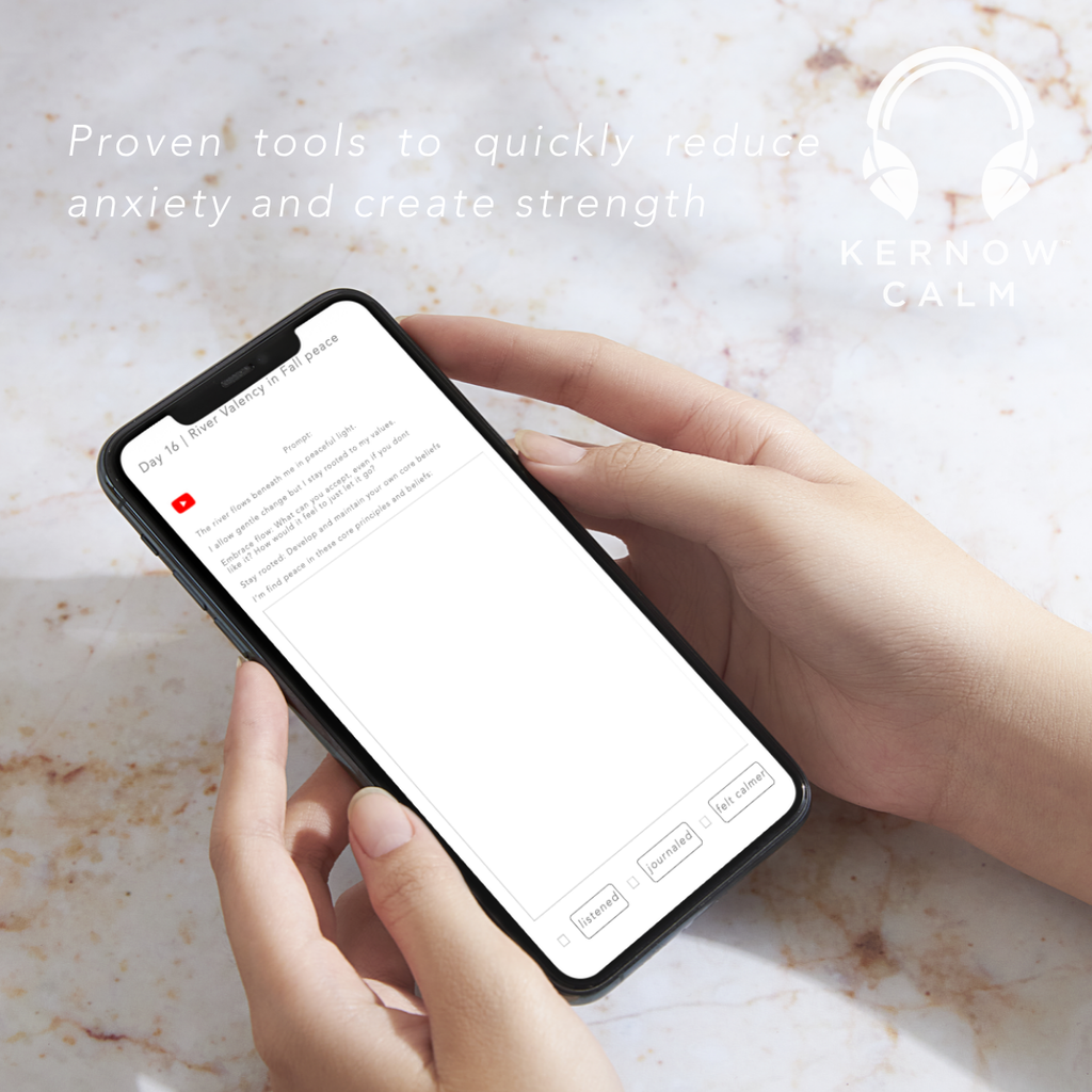 Phone being held with daily page of proven anxiety reducing prompts and paired sound