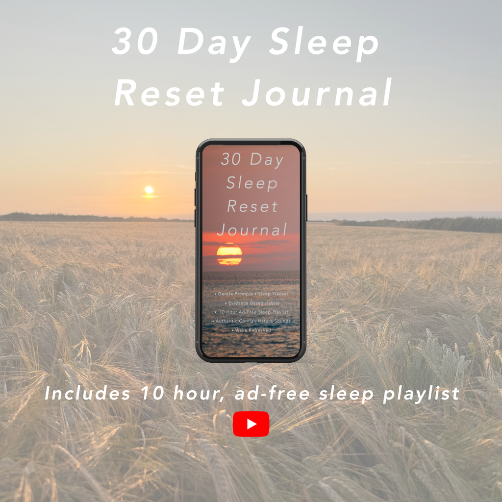 phone view of sleep reset journal with barley field in cornish sunset for sleep with ad-free nature sleep playlist