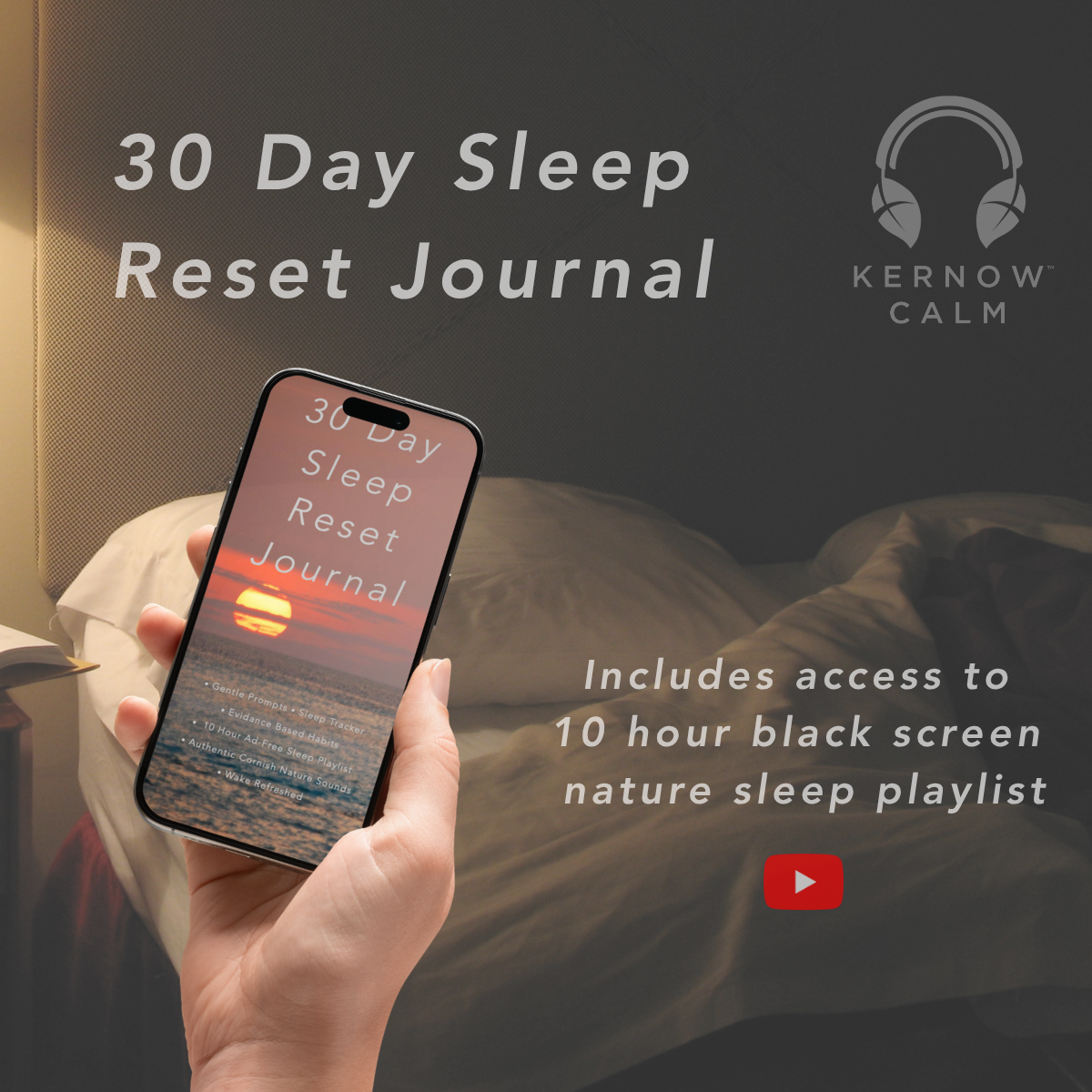 30-Day Sleep Reset Journal shown on smartphone held in hand – gentle Cornish bedtime prompts for deeper rest