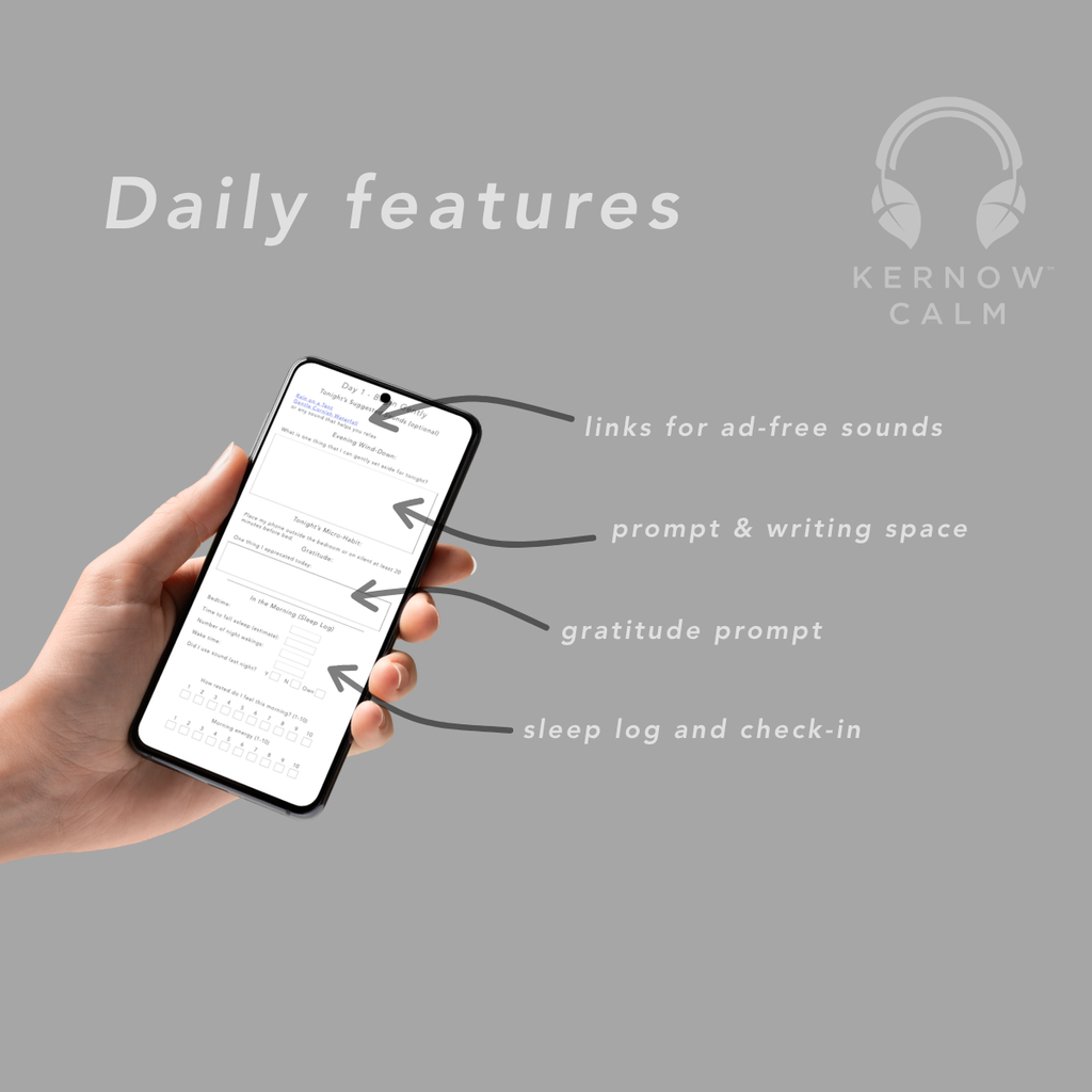Close-up of sleep journal daily features  displaying the Sleep Reset Journal – mobile-optimised daily sleep prompts from Cornwall