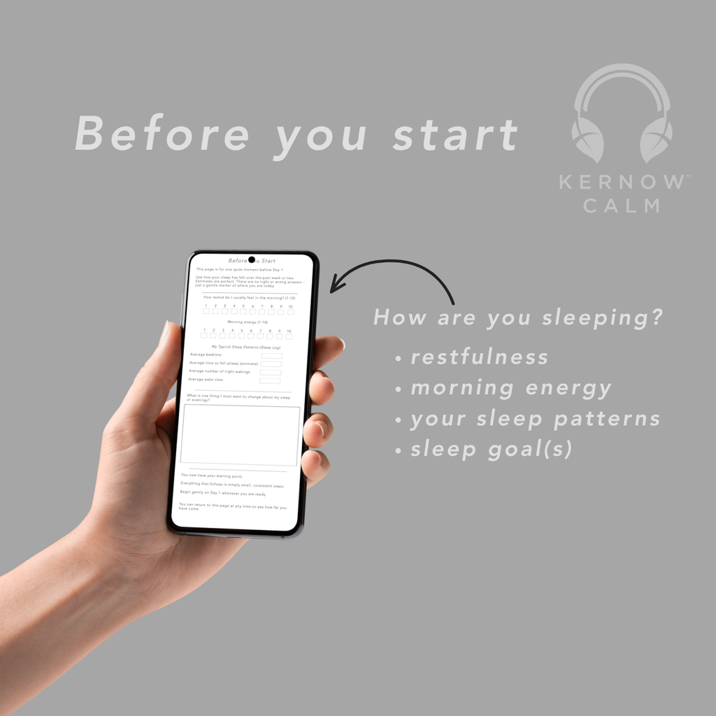 Phone mockup of the 30-Day Sleep Reset Journal before you start page – calm evening wind-down ritual with nature-inspired design