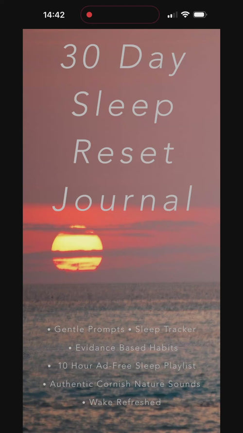 50 second screen recording of the 30 Day Sleep Reset Journal cover to daily pages, smartphone fill-in demo, and click-through to Cornish black-screen nature sleep sound